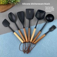 Ensemble de 7 ustensiles de cuisine en silicone avec poignée en bois, antiadhésifs, résistants à la chaleur, antidérapants, anti-brûlure, pour la cuisson et le service