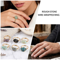 Bague en pierre naturelle brute ajustable, faite à la main, enroulée de fil, pierres naturelles irrégulières, pour hommes et femmes