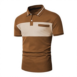 Polo pour homme en maille tricolore marron à manches courtes, décontracté, avec poche - Product Image 1