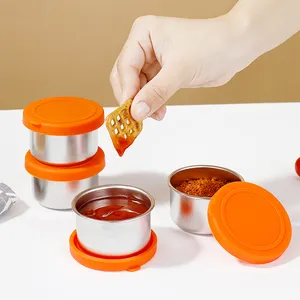 Salad Dressing Container ToGo 2.4oz Small Condiment Containers Stainless Steel Sauce Cups with Leakproof Silicone Lids