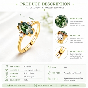 Wholesale 925 <strong>Silver</strong> Jewelry Retro Gemstone <strong>Ring</strong> Gold Plated Hexagon Shape Natural Green Moss Agate Round CZ <strong>Statement</strong> <strong>Ring</strong> - Product Image 2