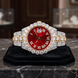 Reloj de Lujo con Esfera Roja y Pedrería, Movimiento de Cuarzo Analógico, Números Romanos, Correa de Acero Inoxidable, Cierre Desplegable, 40 mm - Product Image 2