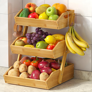 Bamboo Three-Layer <b>Standing</b> Type Fruit <b>Basket</b> & Bowl for Kitchen Countertop <b>Vegetable</b> Storage Eco-Friendly - Product Image 1