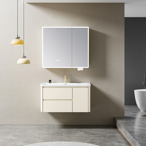 Mueble de Baño Flotante de Acero Inoxidable con Espejo y Gabinete, Estilo <span class=keywords><strong>Crema</strong></span>, con Lavabo y Cajones - Product Image 1