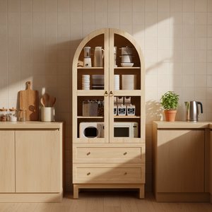Armario de Almacenamiento Alto y Moderno con Arco de Madera, Estantes Ajustables y Cajones Grandes para Cocina o Sala de Estar - Product Image 1