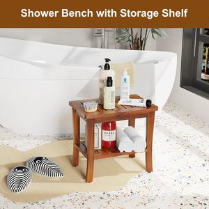 Tabouret de salle de bain double couche en teck 28,4x43x45 cm, banc de douche avec rangement pour adultes et personnes âgées - Product Image 4