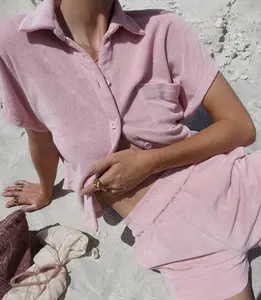 ชุดผ้าขนหนูแฟชั่นสูงสีชมพู,กระดุมทำจากผ้าเทอร์รี่สำหรับฤดูร้อนและกางเกงเอวยางยืดสำหรับชายหาด