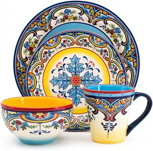 Euro Ceramic Full Decal Collection 16 Piece Spanish Floral Design Multicolor Dinnerware Set Kitchen and tableware Service for 4