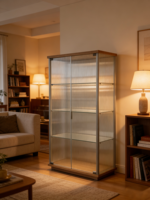 Meuble Bar et Cave à Vin Moderne à Rayures en Verre Grande Capacité avec Design Gain de Place pour Présentation en Salon