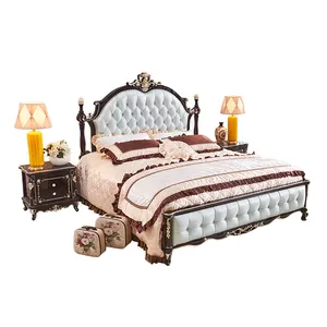 Antieke En Luxe king size Lederen Bed gesneden houten bed van Slaapkamer Meubels Set