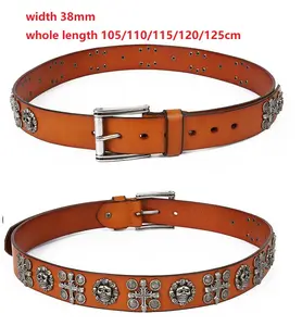 Punk Studded Genuine Leather Skull Belt Western Cowboy Cowgirl Top Grain Cow Hide Leather Belt