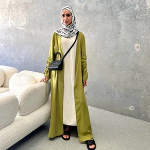 Linen green ruched sleeve luxury arab women abayas open dubai abaya 2024