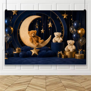 Sfondo fotografico blu e oro <span class=keywords><strong>con</strong></span> orsetto, luna e stelle, per baby shower, primo compleanno, festa cake smash - Product Image 2