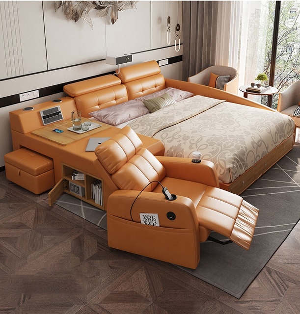 Ultra-Modern Luxury Smart Leather Bed for Bedroom: Sofa Massage Chair, Hidden Safe, Multi-Storage Speakers & Built-in Projector