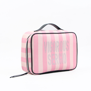 Conjunto de 4 piezas de cuero Pu de rayas rosas de viaje personalizado de gran capacidad disponible bolsa de cosméticos conjunto de belleza de <span class=keywords><strong>maquillaje</strong></span> para mujeres al aire libre - Product Image 4