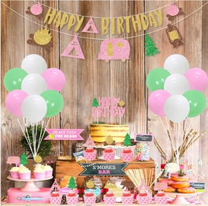 Guirlande de bannière suspendue pour fête d'anniversaire de fille, thème <span class=keywords><strong>camping</strong></span>, décoration de fond, affiche, ballons en latex à hélium, décorations de gâteaux et cupcakes - Product Image 5