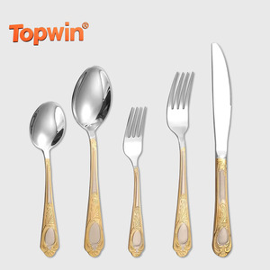 Ensemble de couverts de luxe européens en acier inoxydable doré, écologiques, avec support pour restaurant et mariage (cuillère, couteau, fourchette) - Product Image 1