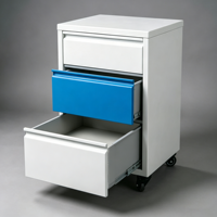 Armoire mobile de laboratoire en acier à trois tiroirs et à bords droits, de couleur bleu et blanc, avec roulettes pour postes de travail de laboratoire