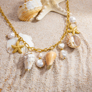 Stainless Steel Conch Starfish Pearl Pendant <b>Necklace</b> 18K Gold Plated Beach Party Jewelry Fashion <b>Statement</b> Piece - Product Image 2