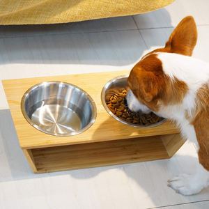 Grosir tempat mangkuk hewan peliharaan bambu tinggi 4 inci dengan dua mangkuk baja tahan karat untuk anjing dan kucing - Product Image 5