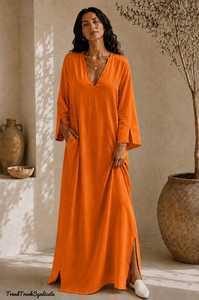 Robe longue en tricot orange pour femme, col en V, manches courtes, coupe trapèze, élégante, pour soirée, ample, style caftan, longue et fluide, pour la plage - Product Image 6