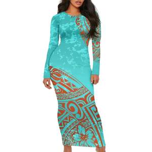 Hot Sale <b>Custom</b> Hawaiian Print Polynesian Maxi Dress Long Sleeve Casual Vintage Natural Waist Washable High Quality Office Dress - Product Image 1