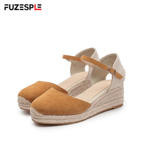 <span class=keywords><strong>Sandales</strong></span> d'été <span class=keywords><strong>compensées</strong></span> pour femmes en daim beige à bout fermé, avec bride de cheville et boucle, style espadrilles tressées - Product Image 1