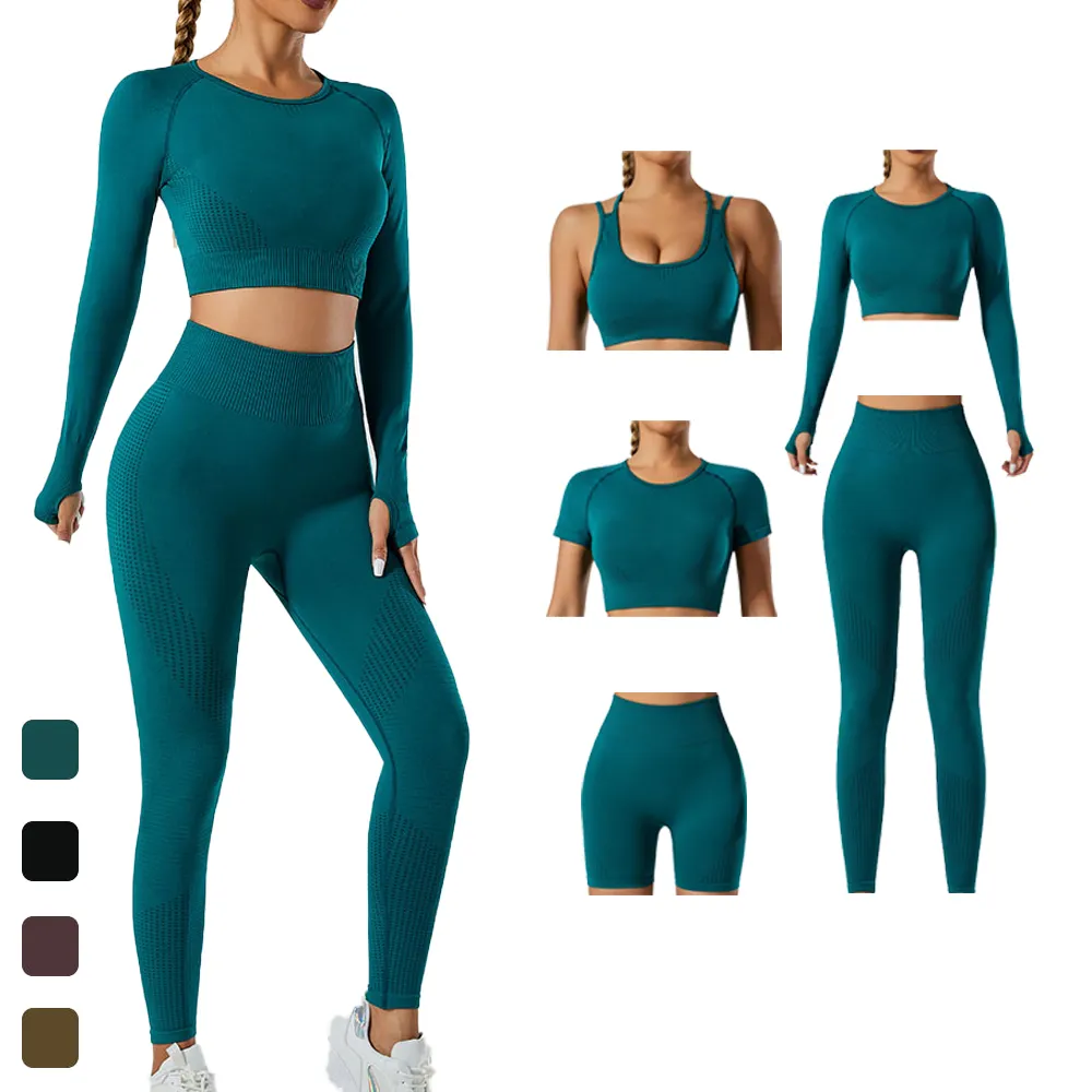 Pink Wear Frauen 3 Piece Outfit Calças Femininas Seamless Gym Clothing Manga Longa Mujer Conjunto Fitness Yoga Set Para Mulheres Workout