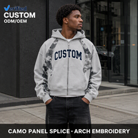Sweat à capuche zippé surdimensionné et court, coupe boxy, en tissu épais 420 GSM, gris camouflage avec empiècements et broderie en relief, pour homme, style streetwear