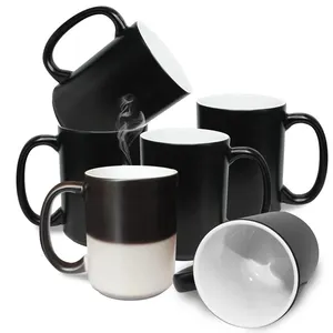 Low Moq Sublimation Heat Sensitive Matte Black Cup Color Changing White Portable Reusable Food Grade Ceramic 15Oz Magic Mugs
