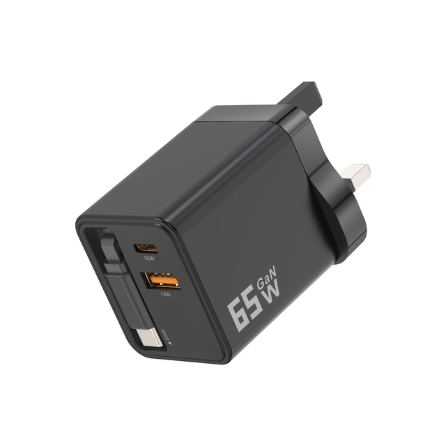 65W GaN Charger With 2 USB-C Ports (65W,18W) Retractable Cable (65W) With PD for Laptops,Tablets,and Cell Phones UK US EU Plug