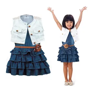 Toddler Baby Girls 3Pcs Outfits Toddler Kids Girls Ruffled Denim Jean Skirts+Coat+Belt Costume 2-7Y