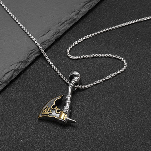 <b>Viking</b> Stainless Steel Gold Plated <b>Axe</b> Pendant Necklace Two Tone With Chain 3mm 60cm Gift For Men - Product Image 4