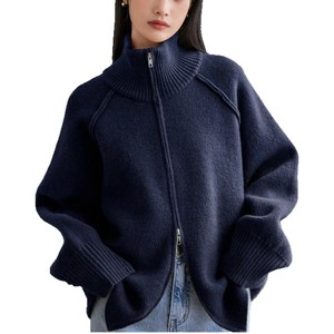 Women's Olive Green Stand Collar Zipper Knitted <b>Cardigan</b> Loose Fit Sweater Top Autumn Winter 2025 Korean Style Solid Color - Product Image 5