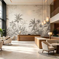 Papier peint mural tropical minimaliste gris avec palmiers, grande fresque végétale de la jungle pour chambre d'hôtel, restaurant, espace commercial