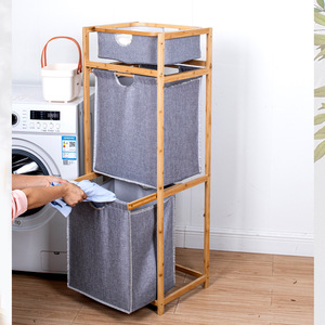 Bamboo Wood <b>Laundry</b> Storage Rack 3 Tier Gray Canvas Clothing Organizer <b>Standing</b> Space Saving - Product Image 1