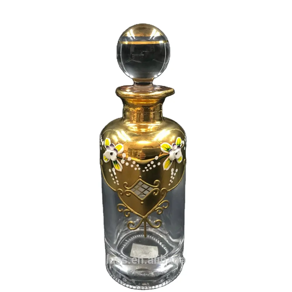 2023 hot sale Arabic attar bottle display golden decanter bottle glass perfume for oudh