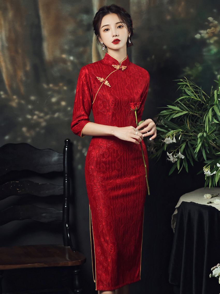 2025 Qipao Long Sleeve Luxury Wedding Red Dresses for Women
