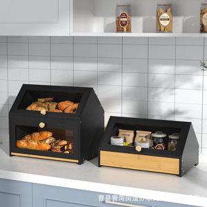 Boîte à pain en bambou avec porte en verre et couvercle rabattable, rangement alimentaire de cuisine, conteneur de conservation des collations sur le bureau - Product Image 2