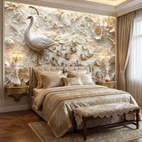 Papier peint mural 3D en relief crème doré de luxe imperméable, pivoine blanche, paon, pour salon, chambre à coucher, décoration murale