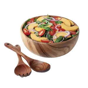 Natuurlijke Ronde Houten Kom Soep Salade Noodle Rijst Fruit Keuken Handgemaakte Houten Kom Voor Kinderen