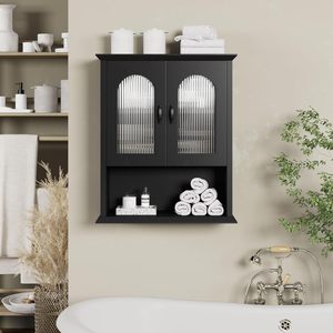 <span class=keywords><strong>Armoire</strong></span> murale <span class=keywords><strong>noire</strong></span> pour salle de bain avec porte cannelée, <span class=keywords><strong>armoire</strong></span> à <span class=keywords><strong>pharmacie</strong></span>, organisateur de rangement au-dessus des toilettes pour les espaces de salle de bain modernes - Product Image 3