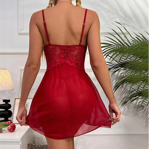 Conjunto de Lencería Sexy para Mujer, Estilo Exótico, Camisón con Abertura Lateral de Encaje y Escote en V + Tanga a Juego, Talla Grande, Pijama Sexy - Product Image 2