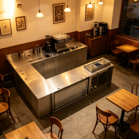 Comptoir de service commercial pour café, bar à bubble tea en acier inoxydable sur mesure avec armoire de rangement