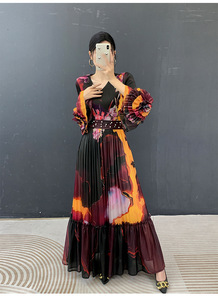 Vestido Elegante PY 2026 con Cuello Redondo, Manga Trompeta, Fruncido, Tejido Plisado y Estampado en la Cintura, Ropa Occidental para Mujer, Venta al por Mayor en Línea - Product Image 4