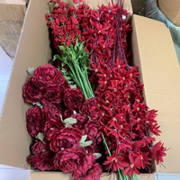 LO-1274 Lot de tiges de fleurs artificielles bordeaux multi-types, Hortensia Rouge Vif, Rose, Pivoine, Orchidée en soie pour mariage