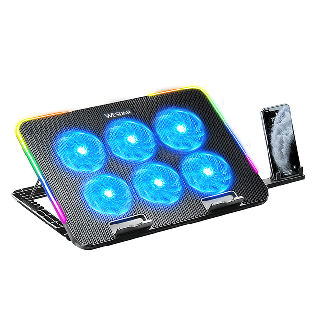 OEM Trending 6-Fan Laptop Cooling Pad - High Speed Quiet Cooler W/RGB Lights, Adjustable Stand for Gaming Notebook, USB Powered