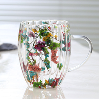 Mug en verre borosilicate à rayures verticales, à double paroi, avec fleur à l'intérieur, très vendu