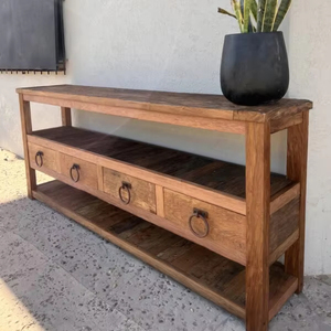 Rustic Old Wood Vintage Style Antique Distressed Double Shelf <b>Sideboard</b> Dining Living Room Wholesale Price Furniture Hotels Home - Product Image 1