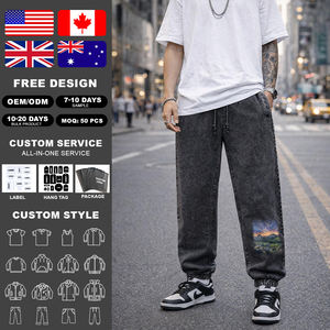 KingSen High Quality Unisex Washed Cotton Jogger Pants Casual Elastic Waist <b>Drawstring</b> Print Tapered Cuff Denim <b>Trousers</b> - Product Image 2